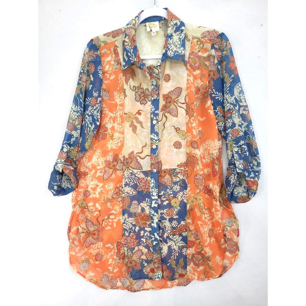 Fig and Flower Patchwork Blouse Top Chiffon Roll Tab Sleeves Size Med Lagenlook